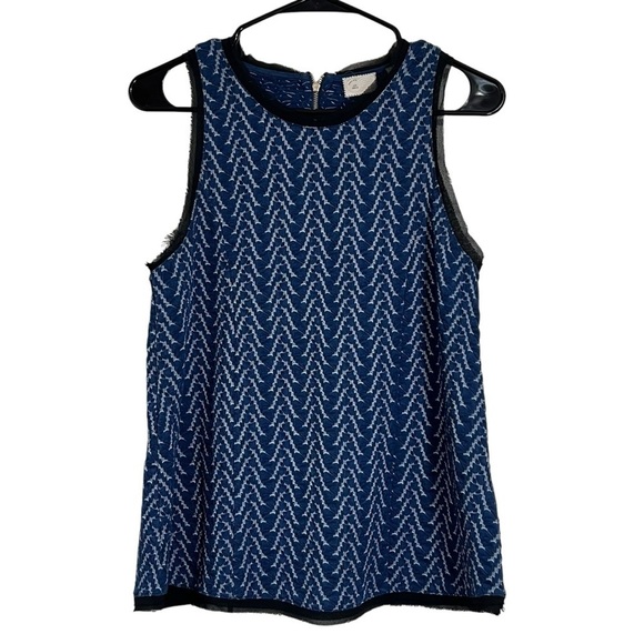 Anthropologie Postmark Sleeveless Blouse Blue Textured Black Trim Quilted Small - Picture 2 of 11